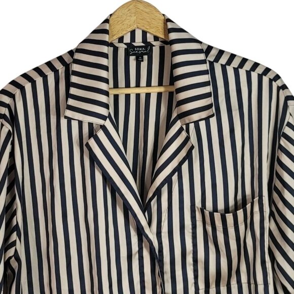 Soma Sensual Satin Striped Pajama Set Tan Black XL Long Pants Short Sleeve 2 PC - Picture 3 of 13